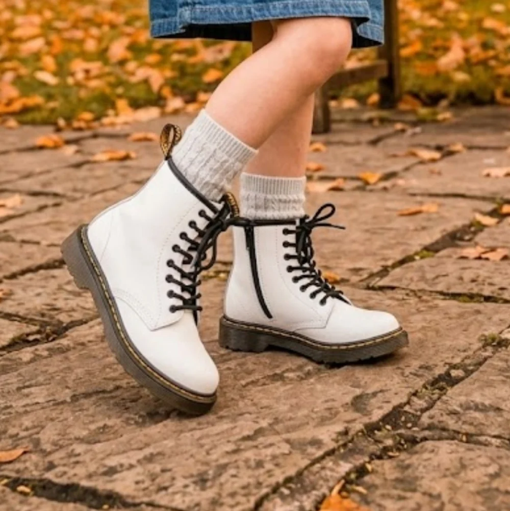 Dr. Martens White Leather Savala Lace Up Combat Boots Youth Size 2